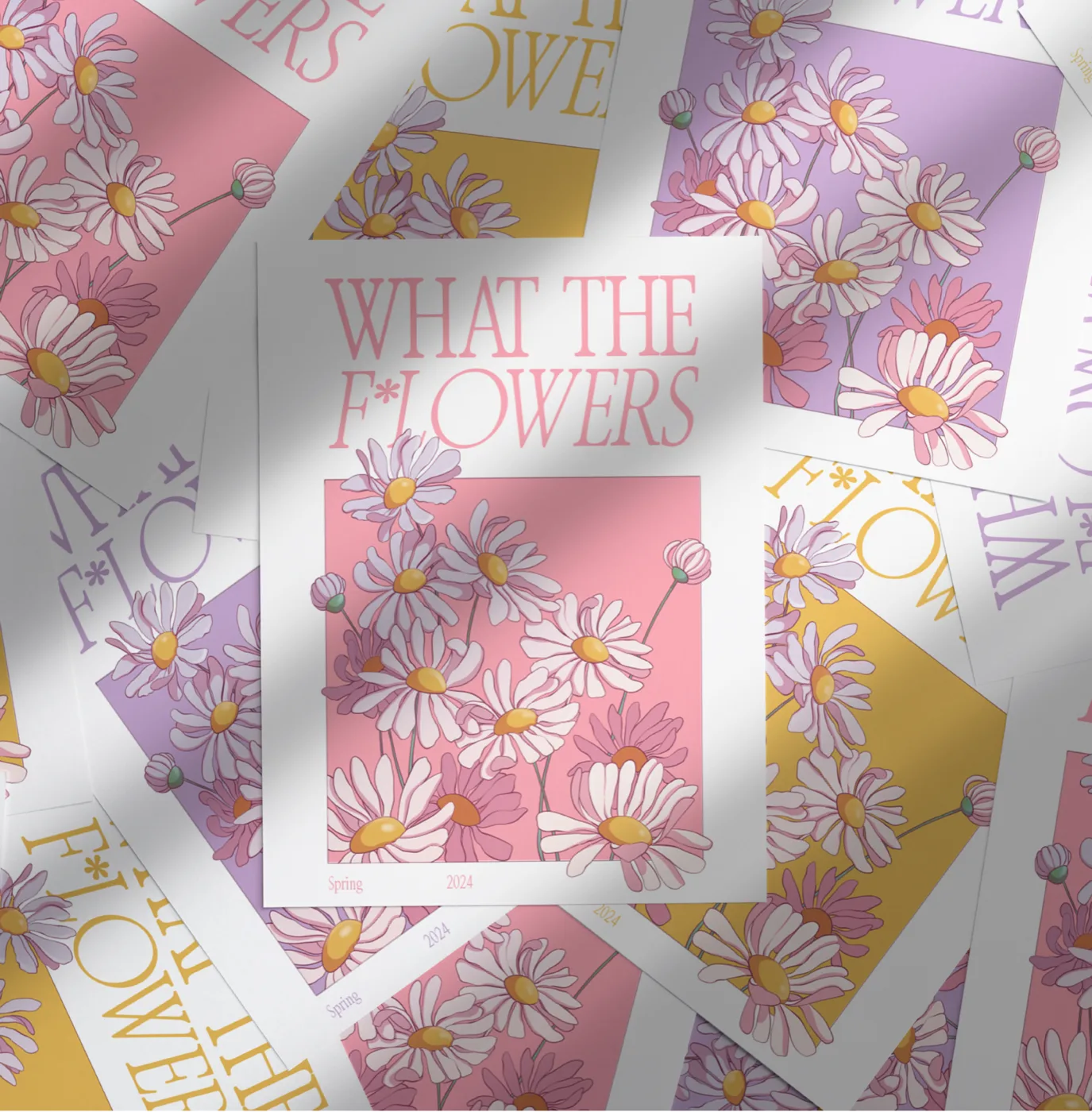 What the F*lowers art prints scattered in pink, yellow and purple — illustration by Lizy Del Busto